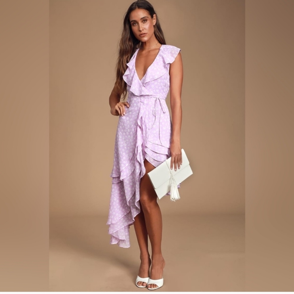 Lulu's Cornelia Floral Print Ruffled Wrap Midi Dress